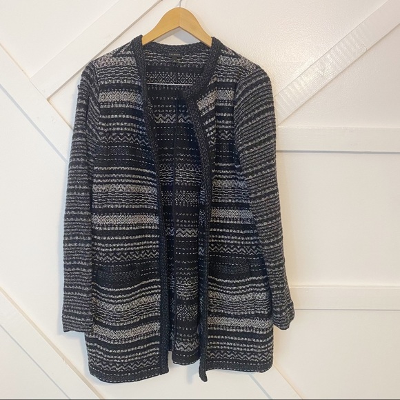 Talbots Metallic Striped Open Front Longline Tweed Sweater Cardigan Black Sz L - Picture 1 of 7